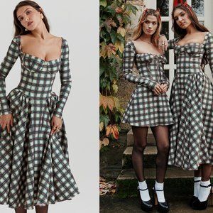 House of CB ‘Eliza’ Red Tartan Corset Midi Dress NWOT